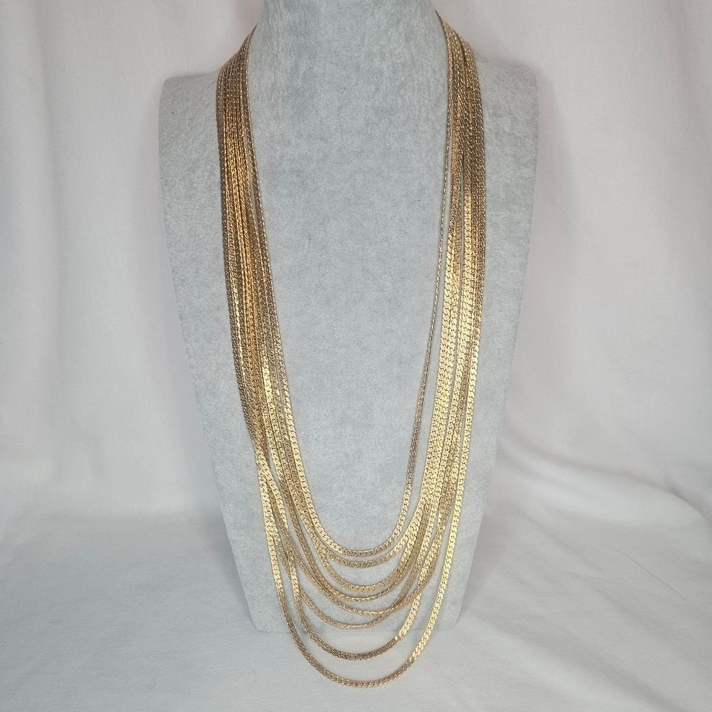 Vintage Monet Brushed Gold Tone 8 Strand Chain Necklace EUC 27" - 34" 60s-80s